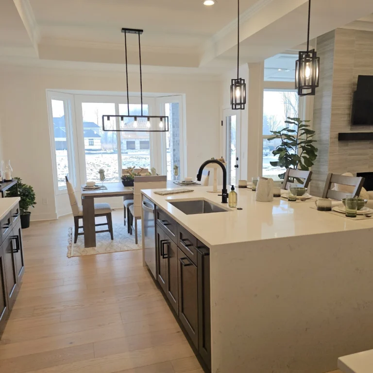 Kitchen view to light filled dining room.